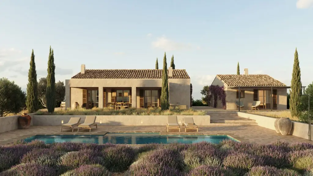 Imagen del proyecto Casa Campos con la vivienda principal, la casa de invitados independiente y la piscina