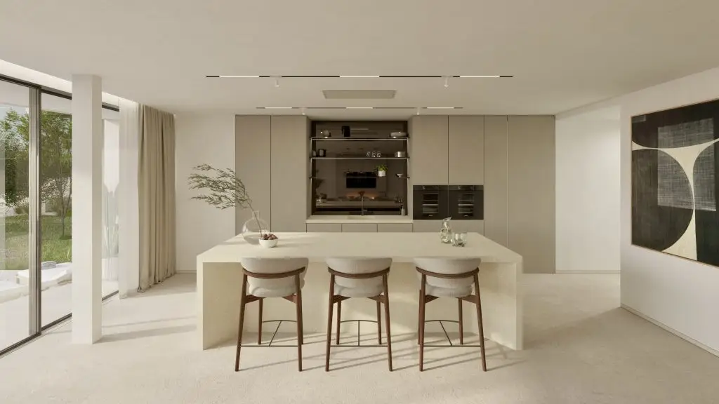 Architectural visualisation: kitchen with island at the Camp de Mar villa