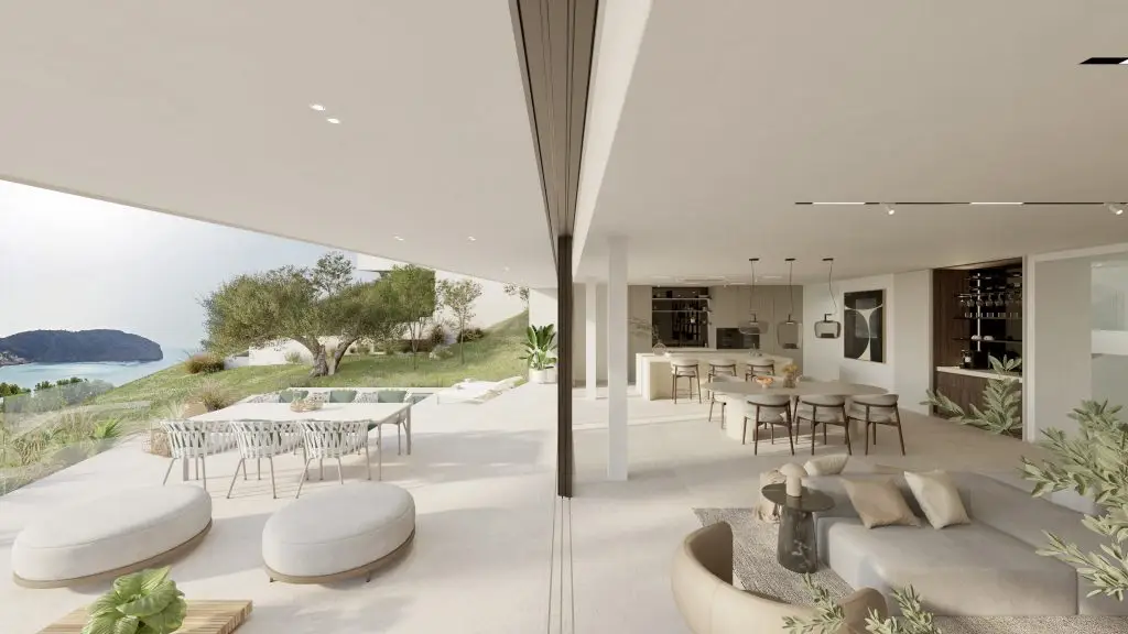 Architectural visualisation: living room opening to the sea-facing terrace at the Camp de Mar villa