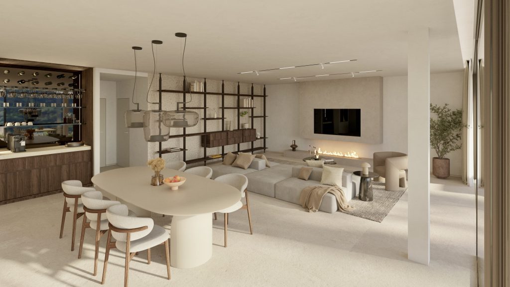 Architectural visualisation: living and dining room at the Camp de Mar villa