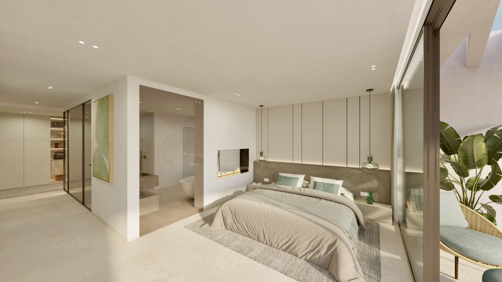 Architectural visualisation: bedroom suite with dressing area at the Camp de Mar villa