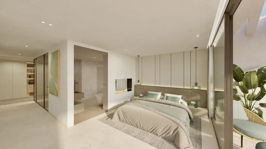 Architectural visualisation: bedroom suite with dressing area at the Camp de Mar villa