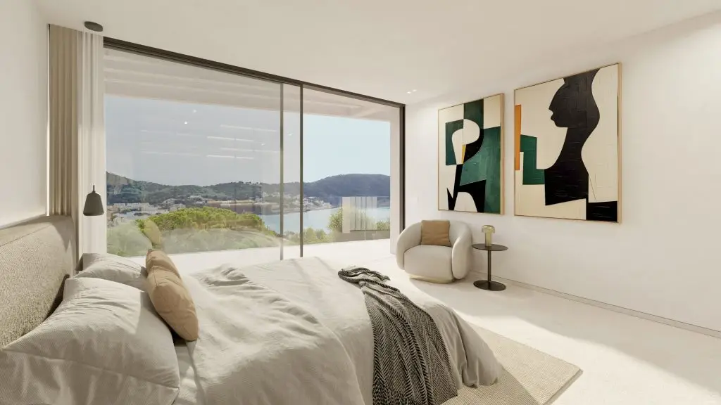 Architectural visualisation: bedroom overlooking the bay at the Camp de Mar villa