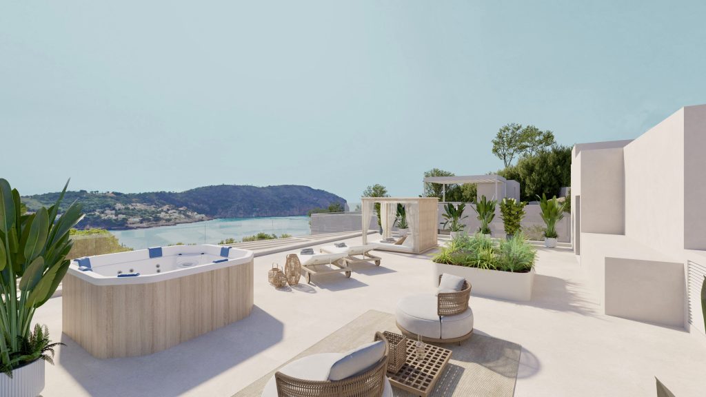 Architectural visualisation: rooftop terrace with optional jacuzzi at the Camp de Mar villa
