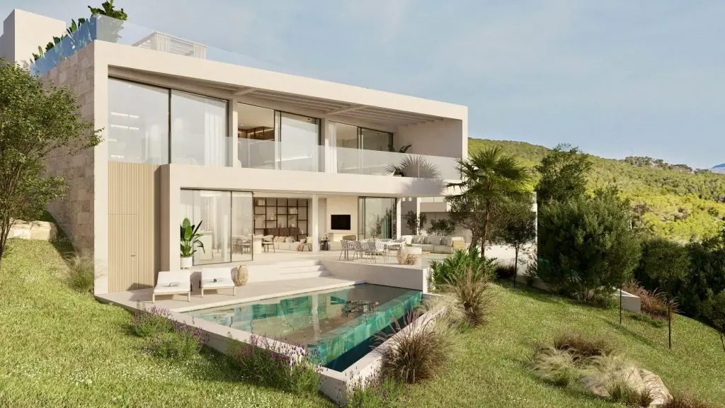 Visualización arquitectónica: villa, jardín y piscina infinita en la villa Camp de Mar