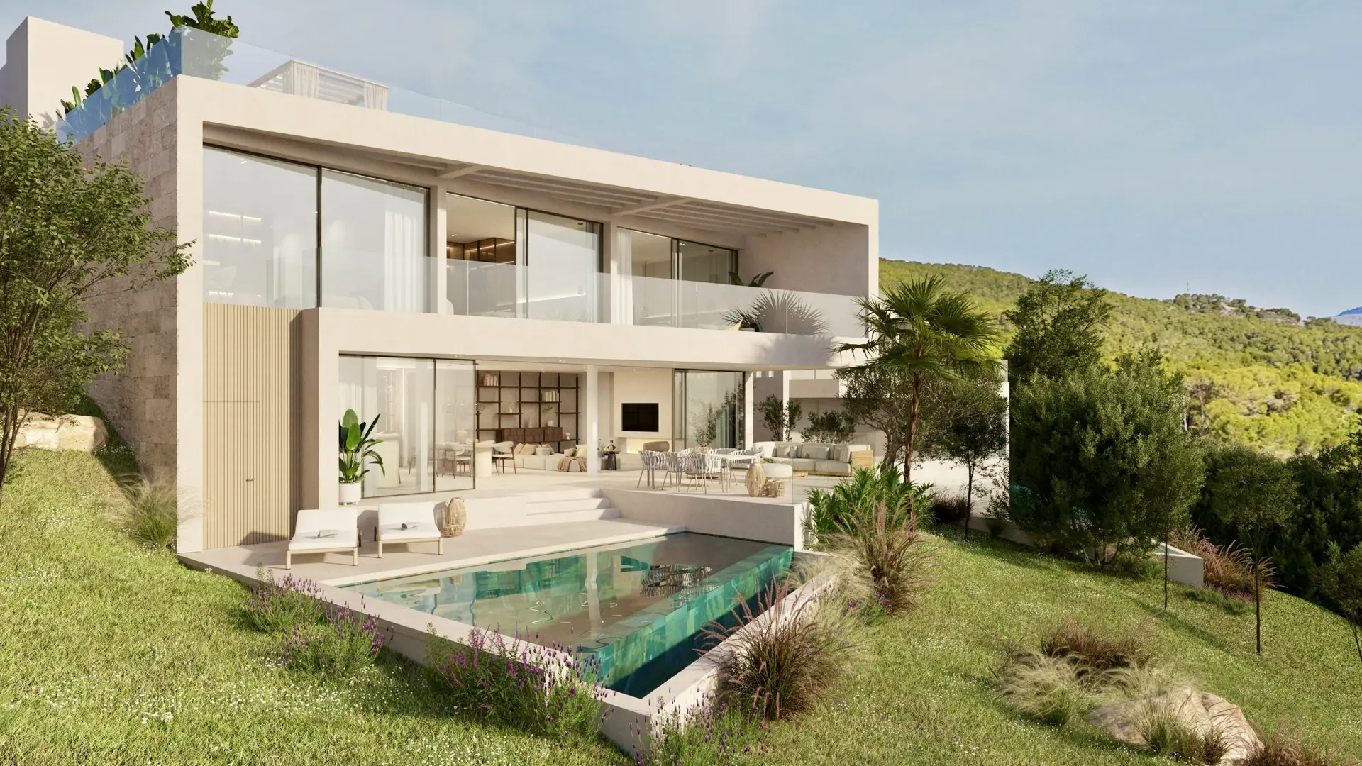 Architectural visualisation: villa, garden and infinity pool at the Camp de Mar villa