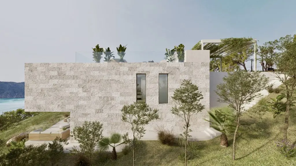 Architectural visualisation: stone facade and garden at the Camp de Mar villa
