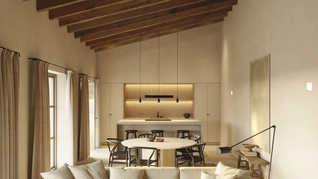 Casa Campos rendering of the kitchen and open living space