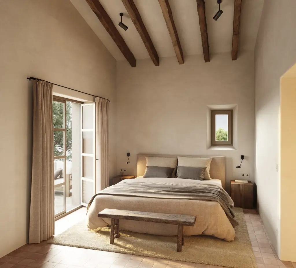Casa Campos bedroom rendering with exposed timber beams