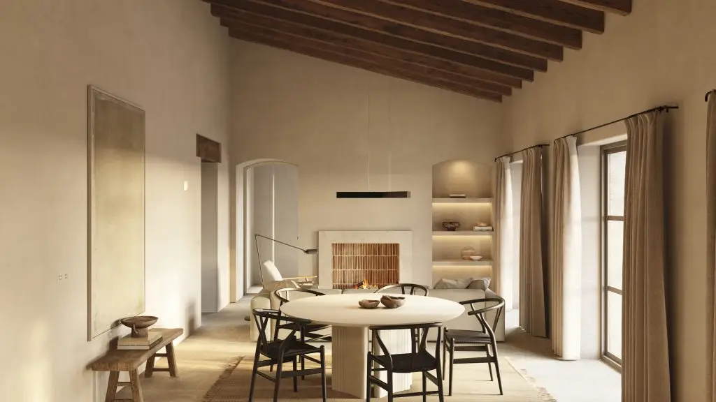 Casa Campos rendering of the living and dining room with exposed timber beams